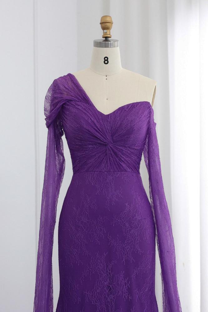 فستان سهرة دانتيل فرنسي أرجواني طويل