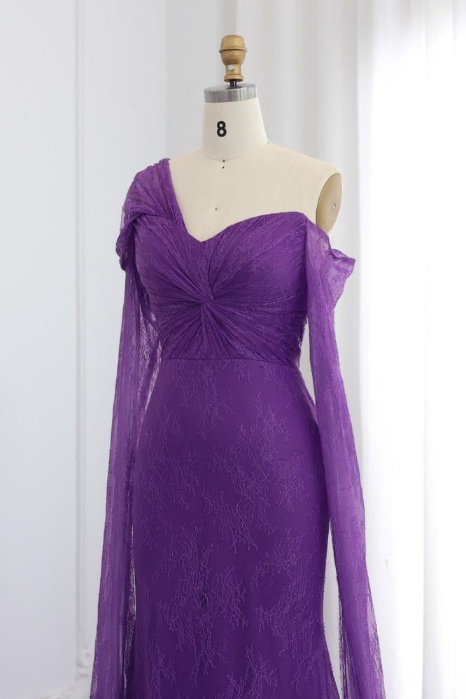 فستان سهرة دانتيل فرنسي أرجواني طويل