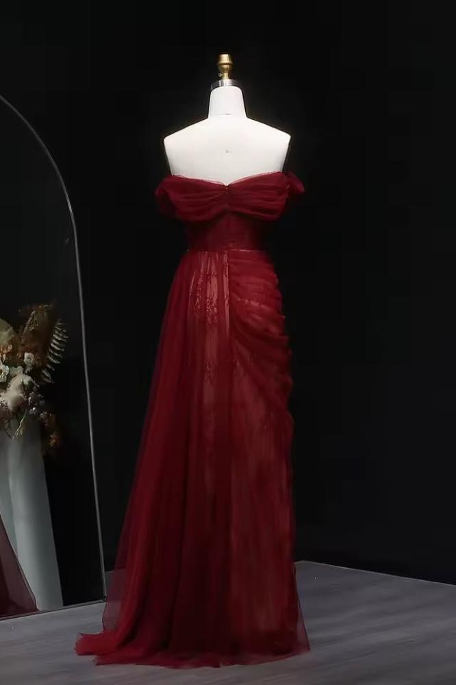 فستان سهرة طويل دانتيل فرنسي خمري