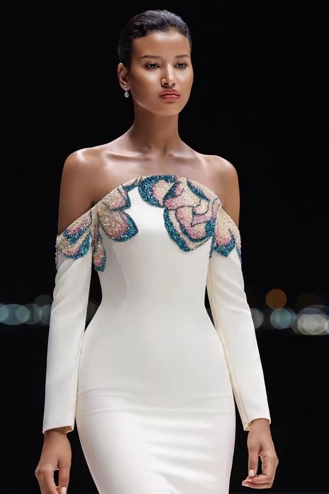 فستان سهرة لامع شك يدوي ضيق بأكمام