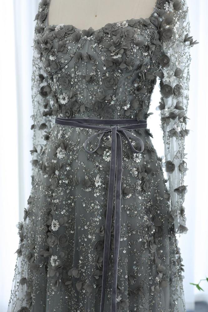 فستان سهرة مورد طويل بأكمام طويلة