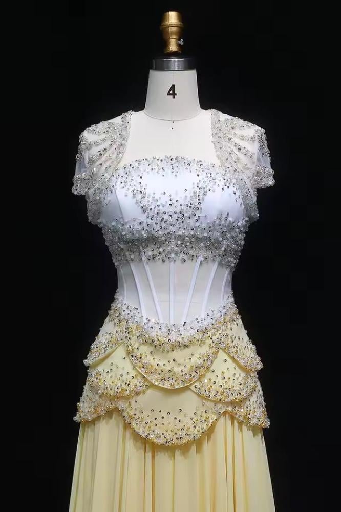 فستان سهرة كورسيه ليموني بأكتاف طويل