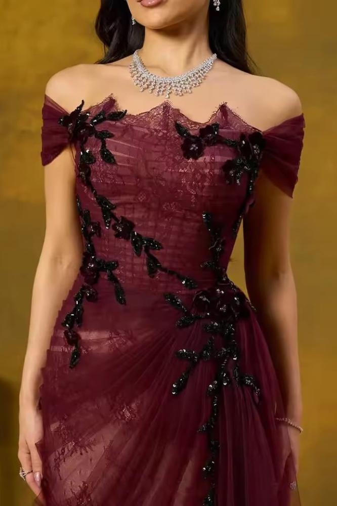 فستان سهرة طويل دانتيل فرنسي خمري