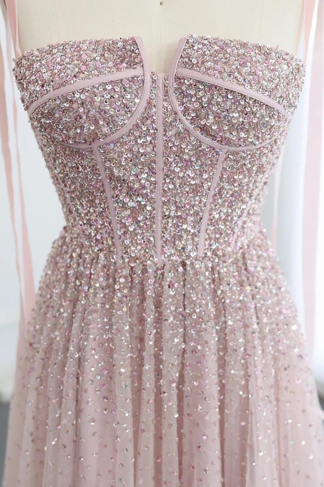 فستان سهرة أحمر شك كرستال بأكمام شريطة