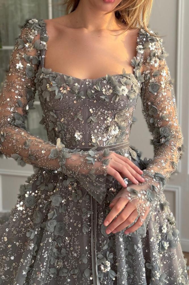 فستان سهرة مورد طويل بأكمام طويلة