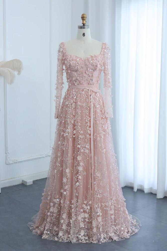 فستان سهرة مورد طويل بأكمام طويلة