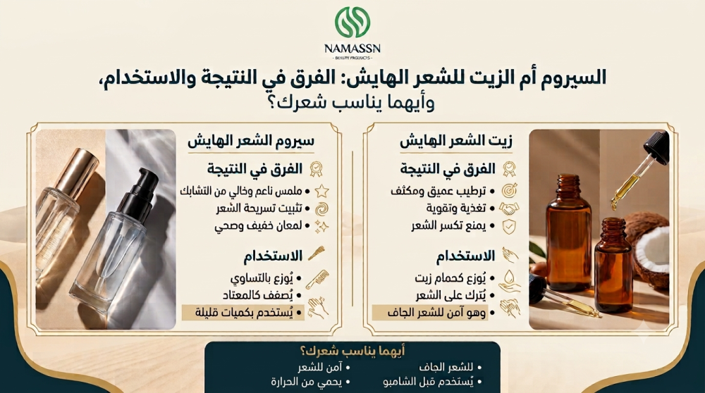 السيروم أم الزيت للشعر الهايش: الفرق في النتيجة والاستخدام وأيهما يناسب شعرك؟