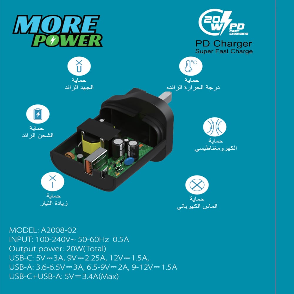 شاحن بيت مور بور منفذين 20 واط يدعم بي دي ضمان سنتين