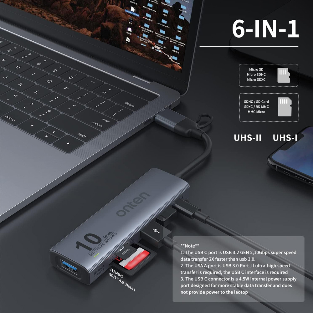  USB C USB HUB, USB 3.2 GEN 2 10G Speed, USB A/USB C to USB A  Adapter.with 3 USB A Ports(10G) and UHS-II SD/TF Ports, USB C UHS-II SD  Card Reader