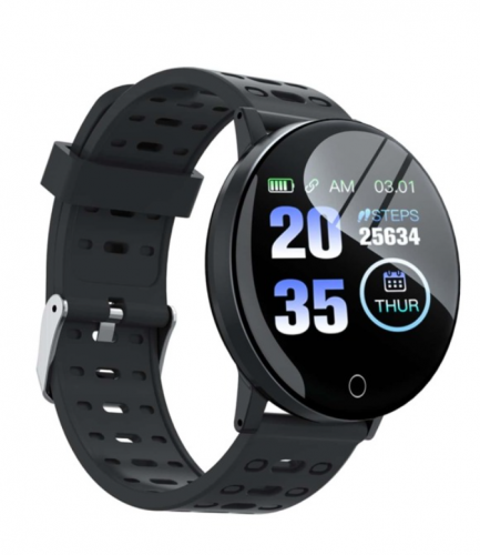 ساعة ذكية مستديرة للرجال والنساء بحزام سيليكون أسود لمراقبة معدل ضربات القلب وعداد الخطى ومراقبة النوم ومتوافقة مع Androids IOS iphone