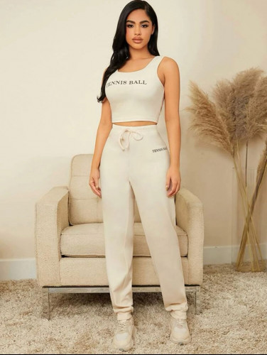 طقم بيجامة تانك تيشيرت قصير بطباعة عبارة و بنطلون بربطة أمامية