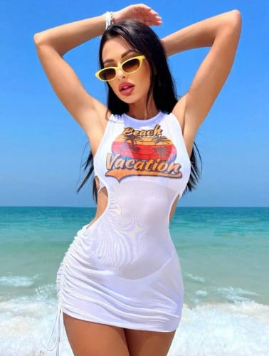 ملابس سباحة بيكيني مثلث برسن بطباعة أحرف مع لباس ساحلي