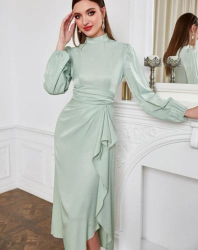 فستان بحافة مطوي اكمام فانوس