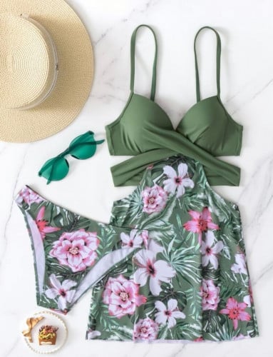 ملابس سباحة بيكيني ضغط بطباعة استوائية بقصة ملفوفة