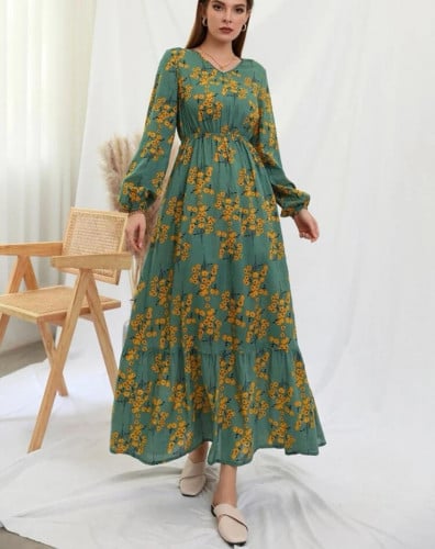 فستان طباعة الازهار اكمام فانوس حافة مكشكشة