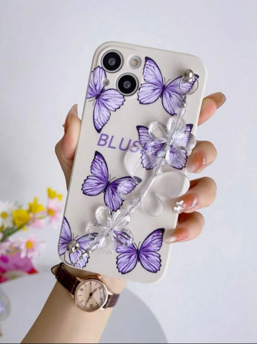 كفر موبايل بطباعة الفراشة مع شريط يد متوافق مع جوال Galaxy S22 Plus