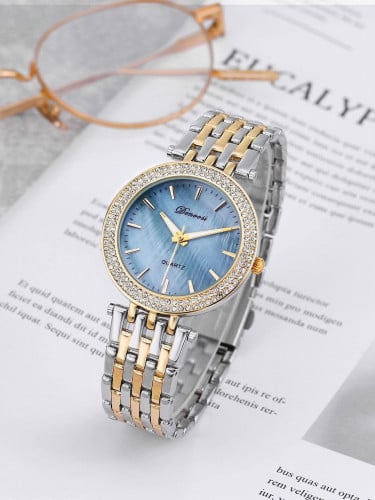 ساعة كوارتز بقرص مؤشر دائري بديكور حجر الراين