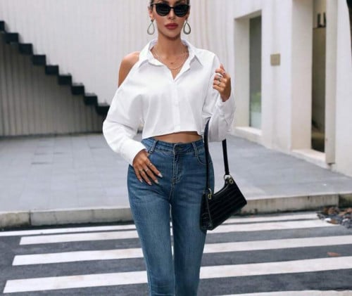 قميص كتف مكشوف أزرار امامية قصير