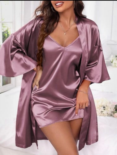 فستان نوم منخفض الاكتاف  ساتان موحد اللون روب بحزام M