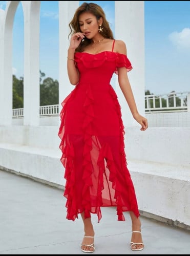 فستان كتف مكشوف مقلم بكشكش فتحة للفخذ شيفون