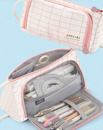 قطعة واحدة من حقيبة أدوات مكتبية مزخرفة منقوشة بنمط منقوش ، حقيبة أقلام بسيطة متعددة الطبقات لمنظم القرطاسية للطلاب