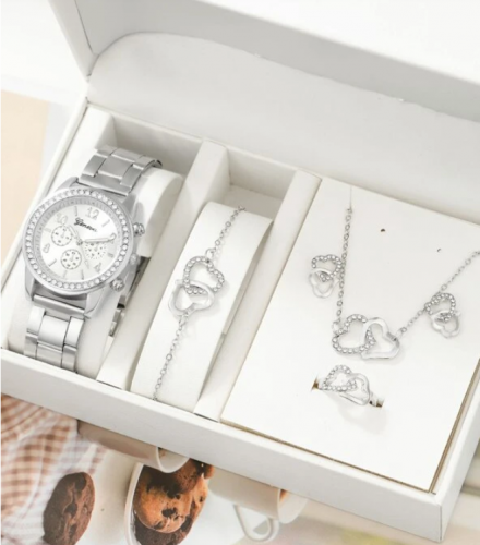 ساعة كوارتر مع طقم مجوهرات 5 قطع