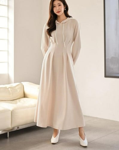 فستان هودي أكمام بتجاعيد مطوية و رباط