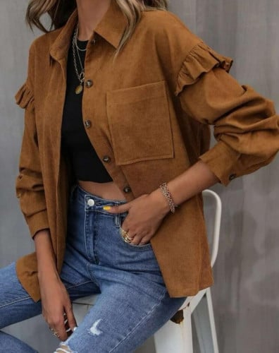 معطف قطني مقلم بكشكش منخفض الاكتاف