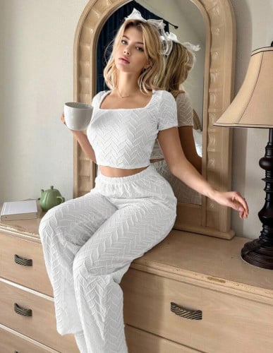 ياقة مربع تيشيرت قصير مع بنطلون طقم لباس منزلي