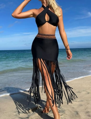 ملابس سباحة بيكيني موحد اللون و تنورة بحافة مكشكش