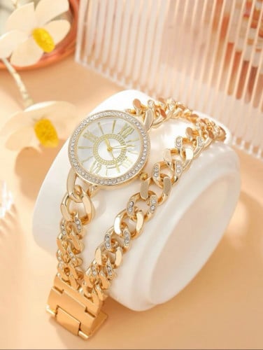 ساعة كوارتر بقرص مؤشر دائري بديكور حجر الراين بسوار