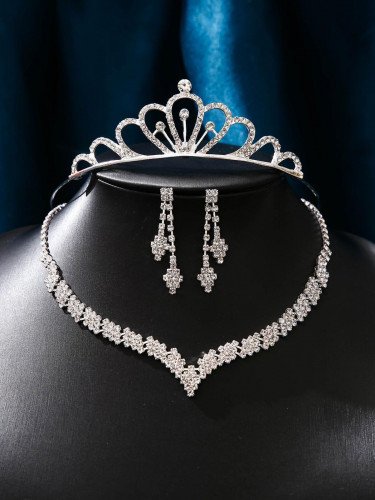 تاج زفاف للنساء بديكور حجر الراين مع 3 قطع مجوهرات لحفلة الزفاف