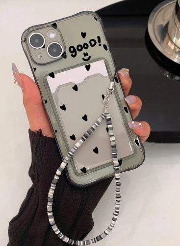 بطباعة قلب كفر هاتف شفاف مع فتحة بطاقة و حزام عنق iPhone 13Pro Max