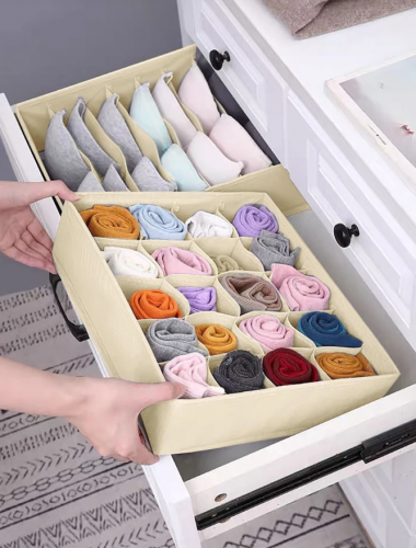 صندوق تخزين الملابس الداخلية بلون بيج وصندوق تخزين جوارب مقصورة بيج من البوليستر للمنزل