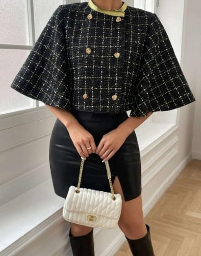 معطف مربعات ملونة ضف ازرار مزدوجة مقلم متباين اكمام على شكل بوق تويد