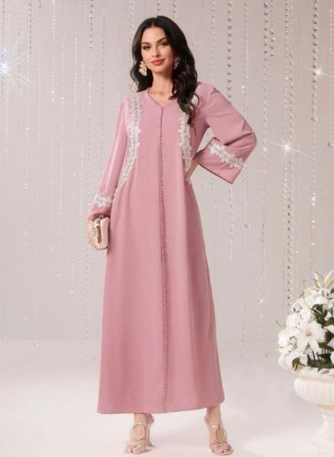 فستان مزين زهري بياقة