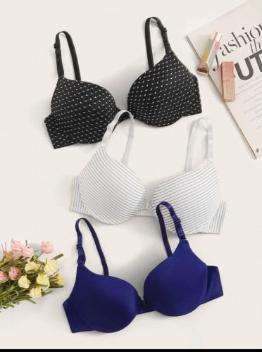 طقم حمالة صدر بسلك تحتي و طباعة مختلفة 3 قطع