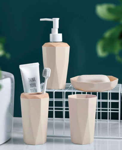 4 قطع سادة موزع غسول مع كأس غرغرة مع علبة صابون طقم