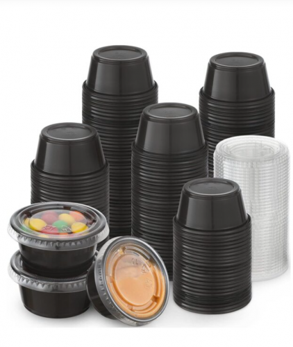 100طقم - 2 أوقية بلاستيك أسود كوب , اطلاق الرصاص كوب , صغير بلاستيك حاوية مع غطاء , مختوم و سهل التخزين سلطة وعاء , صلصة كوب , بهار كوب الى غداء , حفلة الى اذهب ، رحلات