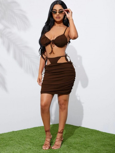 قطم قطعتين عارية الذراعين مثقوب رباط الظهر ثنية بربطة أمامية طيات الصدر