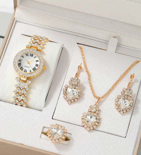 ساعة كوارتر مزينة بحجر الراين مع طقم مجوهرات 4 قطع