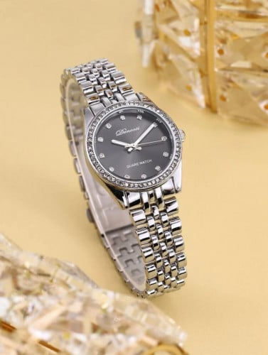 ساعة كوارتز بقرص مؤشر دائري بديكور حجر الراين