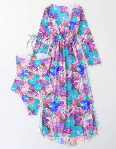 ملابس سباحة قطعة واحدة طباعة الأزهار رسن مع لباس ساحلي