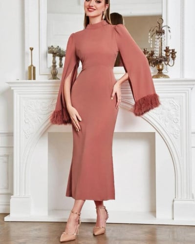 فستان اكمام عباءة مقلم كشكش و فتحة