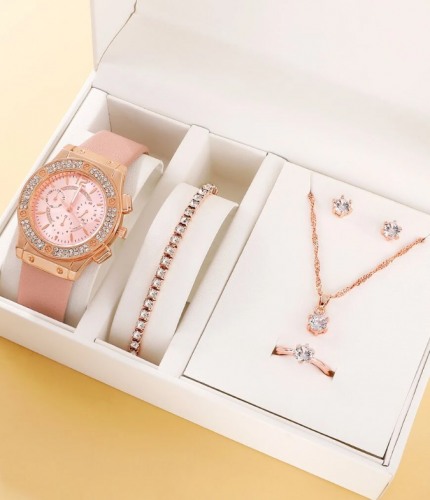 ساعة كوارتر نسائية مع 5 قطع مجوهرات