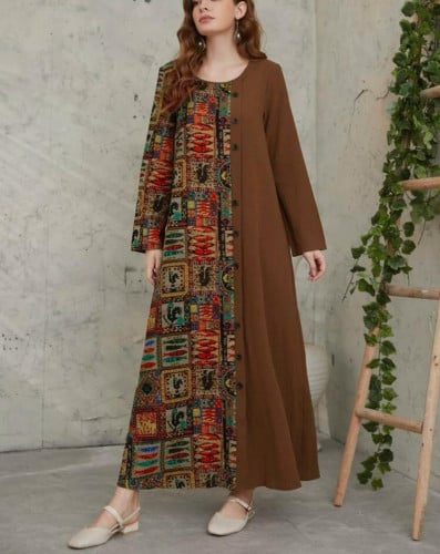 فستان تونك طباعة مختلط زرار وهمي