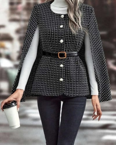 معطف رداء مربعات ملونة اكمام عباءة بدون حزام