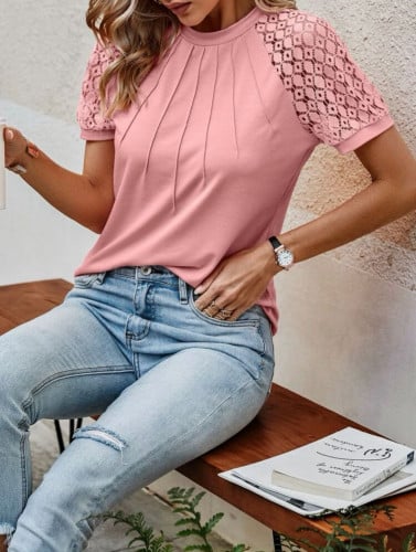 تيشيرت دانتيل متباين اللون اكمام راجلان