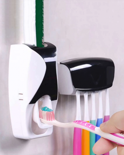 حامل فرشاة الأسنان الحمام كسول الحائط وموزع معجون الأسنان التلقائي