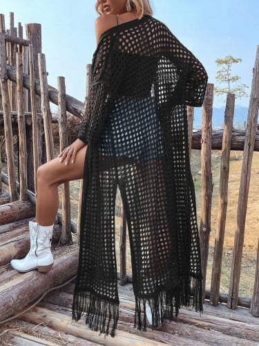 كيمونو قص مجوف حافة مكشكشة منخفض الاكتاف محبوك مفتوح